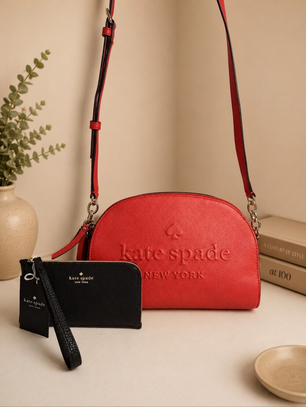 Kate Spade Coral Red Embossed Logo Dome Crossbody Bag Wallet Set